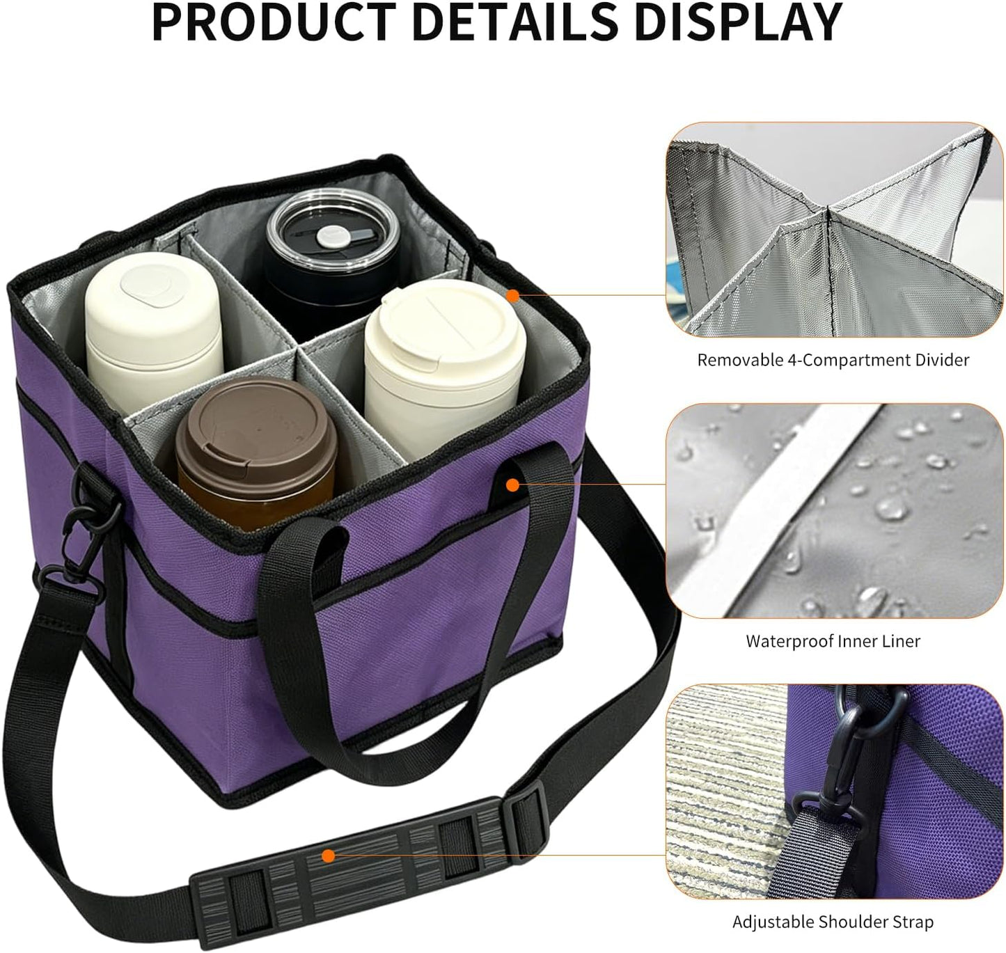 Insulated Drink Carrier Bag, 4 Compartment Leakproof Drink Tote with Divider, Reusable Beverage Carrier for Coffee, Delivery, Car Travel & Picnic