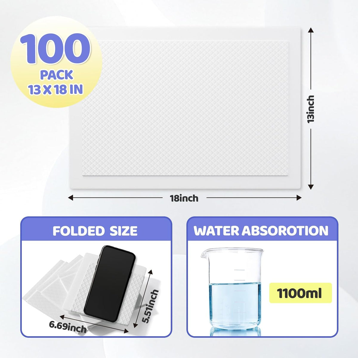 Disposable Changing Pad Liners 100 Count - 13x18 Inches Ultra Soft Super Absorbent Waterproof Baby Diaper Changing Pads White - Leak Proof Baby Changing Mat Liners for Home & Travel