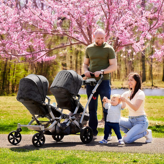 Dream On Me Track Tandem Double Umbrella Stroller in Slate, Lightweight Double Stroller for Infant and Toddler, Multi-Position Reversible & Reclining Seats, Large Storage Basket and Canopy