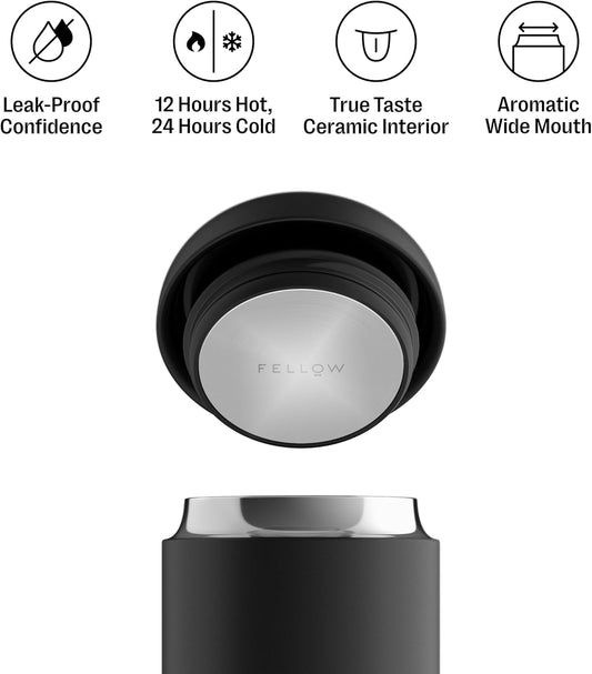 Carter Wide 12 oz Ceramic Lined Travel Coffee Mug, Tea & Espresso | No Metallic Taste, Leak-Proof Lid, Dishwasher Safe, Hot 12Hr Cold 24Hr, Coffee Tumbler, BPA-Free Stainless Steel, Stone Blue