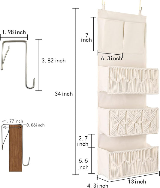 Over The Door Organizer Boho Macrame Closet Organizers and Storage with 3 Large Woven Pockets Behind Door Organizer for Nursery, Pantry, Bathroom, Bedroom, Dorm (Ivory)