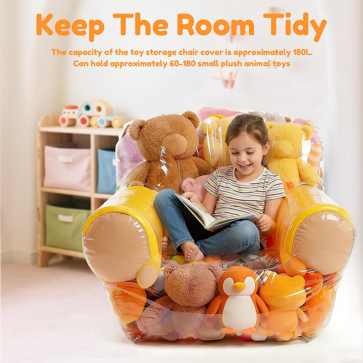 Clear Stuffed Animal Storage Chair Cover for Kids, 180L Large Thickened PVC Bean Bag Cover with Zipper, Waterproof Plush Storage Organizer and Seat, Beanbag Chair for Playroom