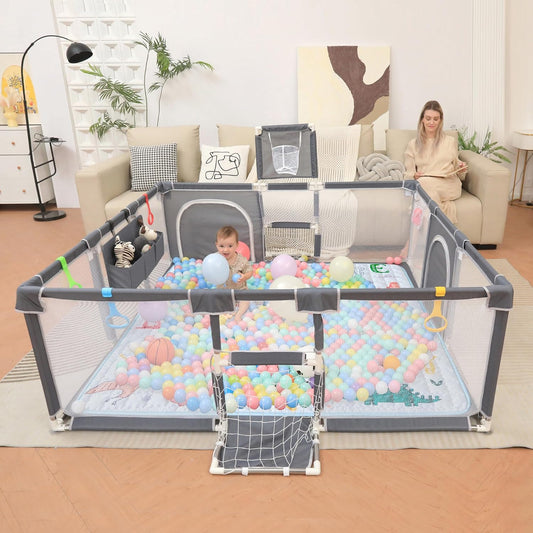 Playpen for Babies and Toddlers,73"x71"Baby Playpen with Mat Indoor&Outdoor with Breathable Play Pen with Ocean Balls Hanging Pocket Basketball Hoop and Football Goal (Grey with Mat, 73"x71")