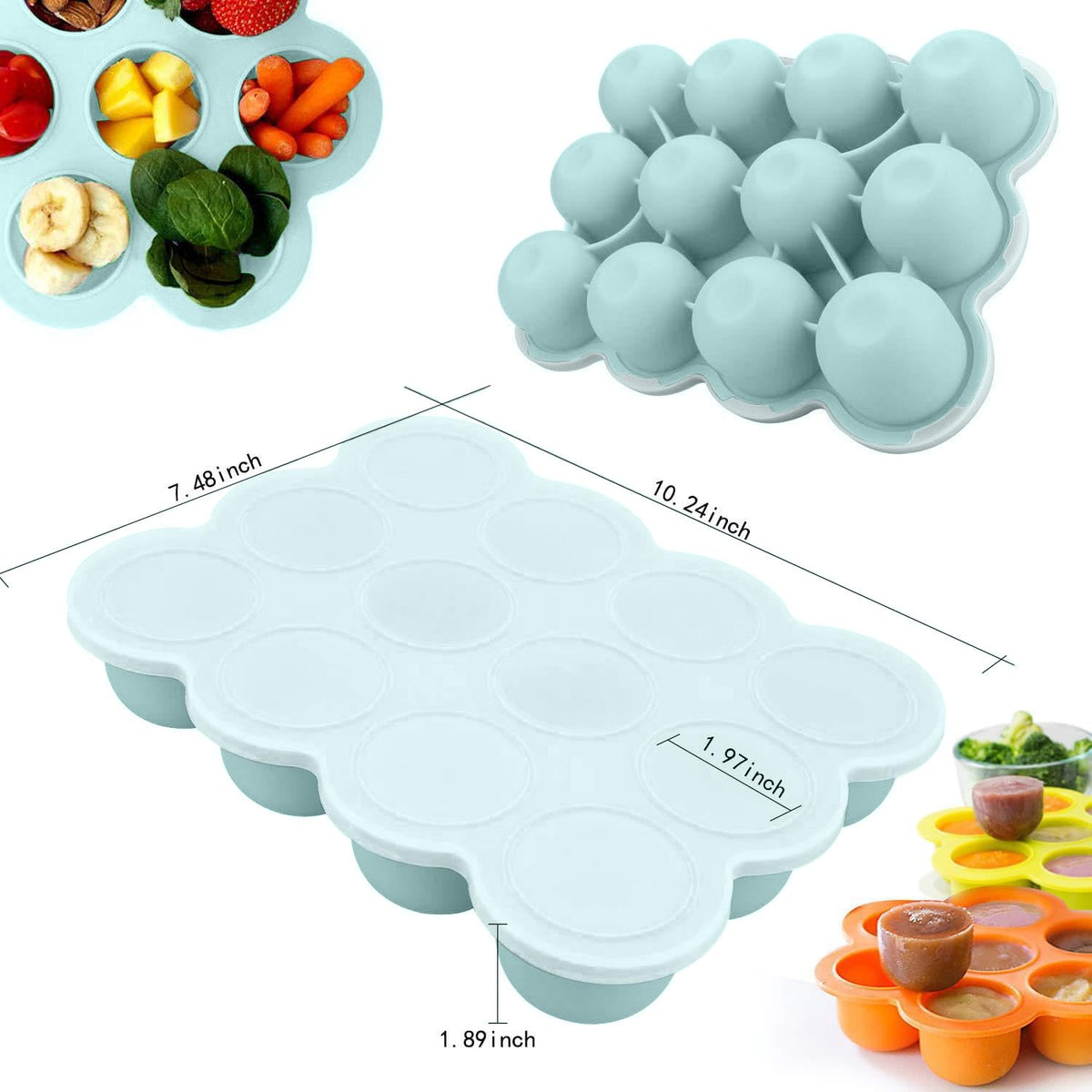 Baby Food Storage Container, 12 Portions x 2.5oz - BPA Free Silicone Freezer Tray with Clip-On Lid for Breast Milk Storage, Homemade Baby Food, Vegetable & Fruit Purees - Blue