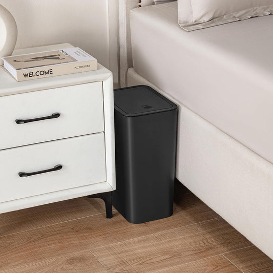 Bathroom Trash Can with Lid, 4 Gallon / 15 Liter Small Garbage Can, Press Top Bin, Plastic Wastebasket with Pop-Up Lid for Bedroom, Living Room, Office (Black)
