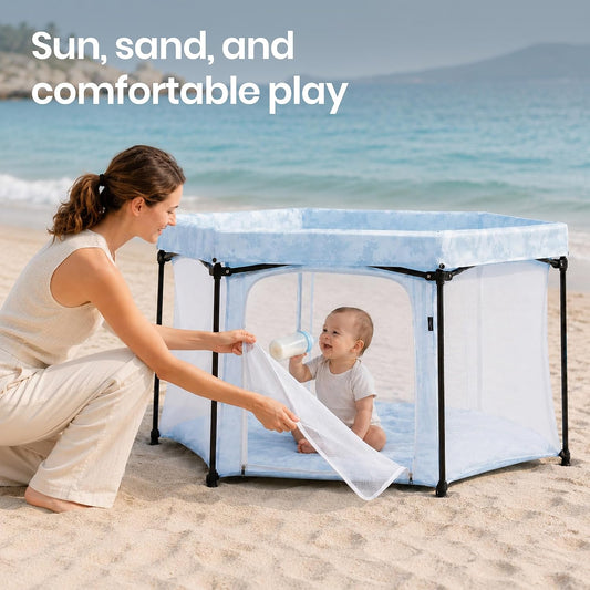 Onyx Baby Playpen, Padded Floor Play Yard, Sky Blue