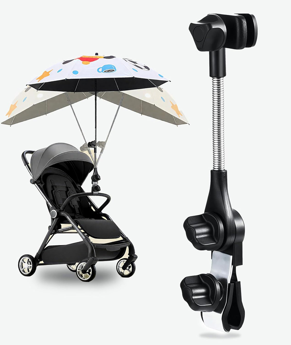 Universal 360° Adjustable Stroller Umbrella Attachment, Umbrella Holder for Chairs, Bikes & Wheelchairs - Clamp Fits 0.6-1.2in Handles, Beach Camping Gear