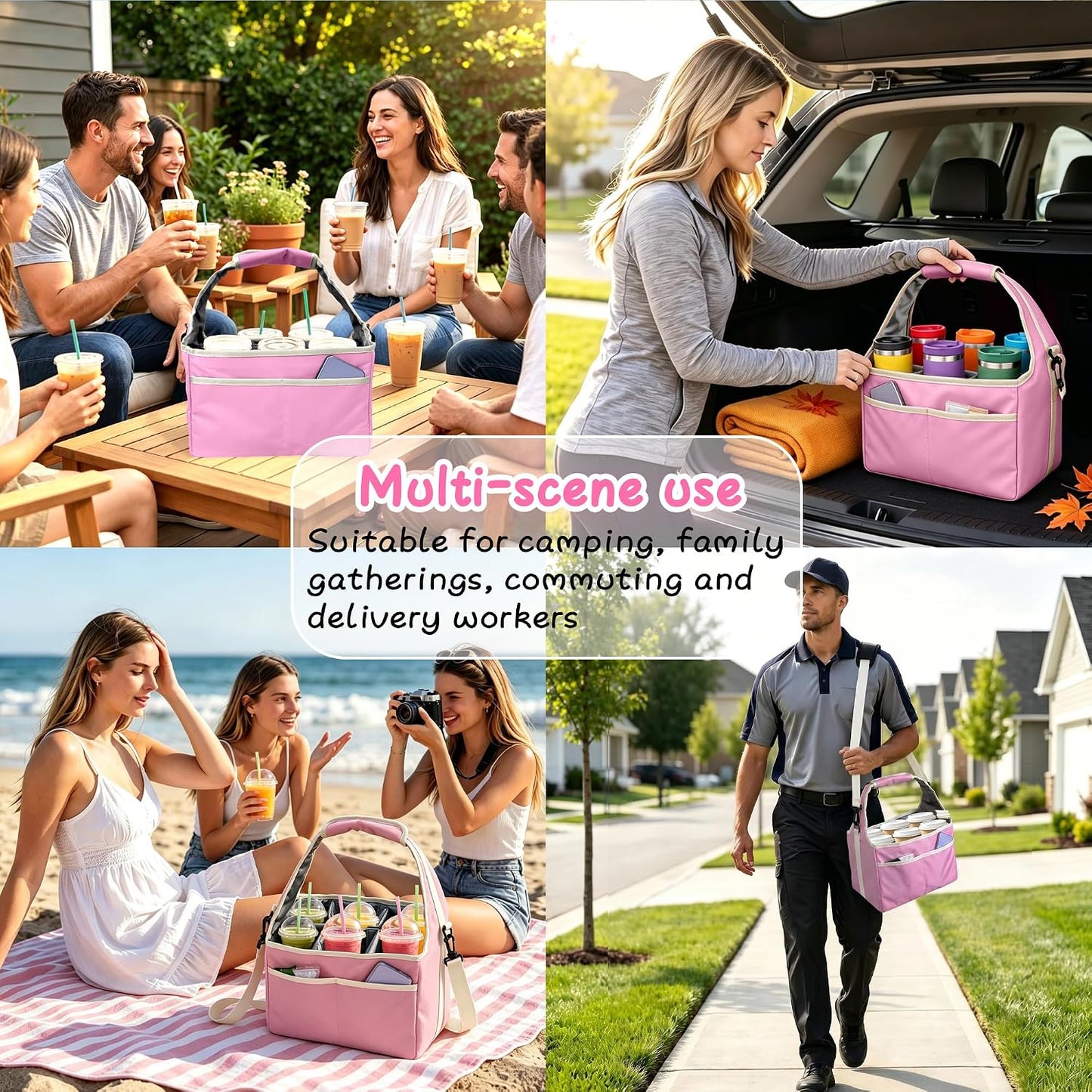 Reusable Drink Carrier Tote Bag with Handle Family Size 4 Compartment Water Bottle Holder with Adjustable Shoulder Strap & Removable Dividers Multiple Tumbler Caddy for Car,Delivery,Family Outings
