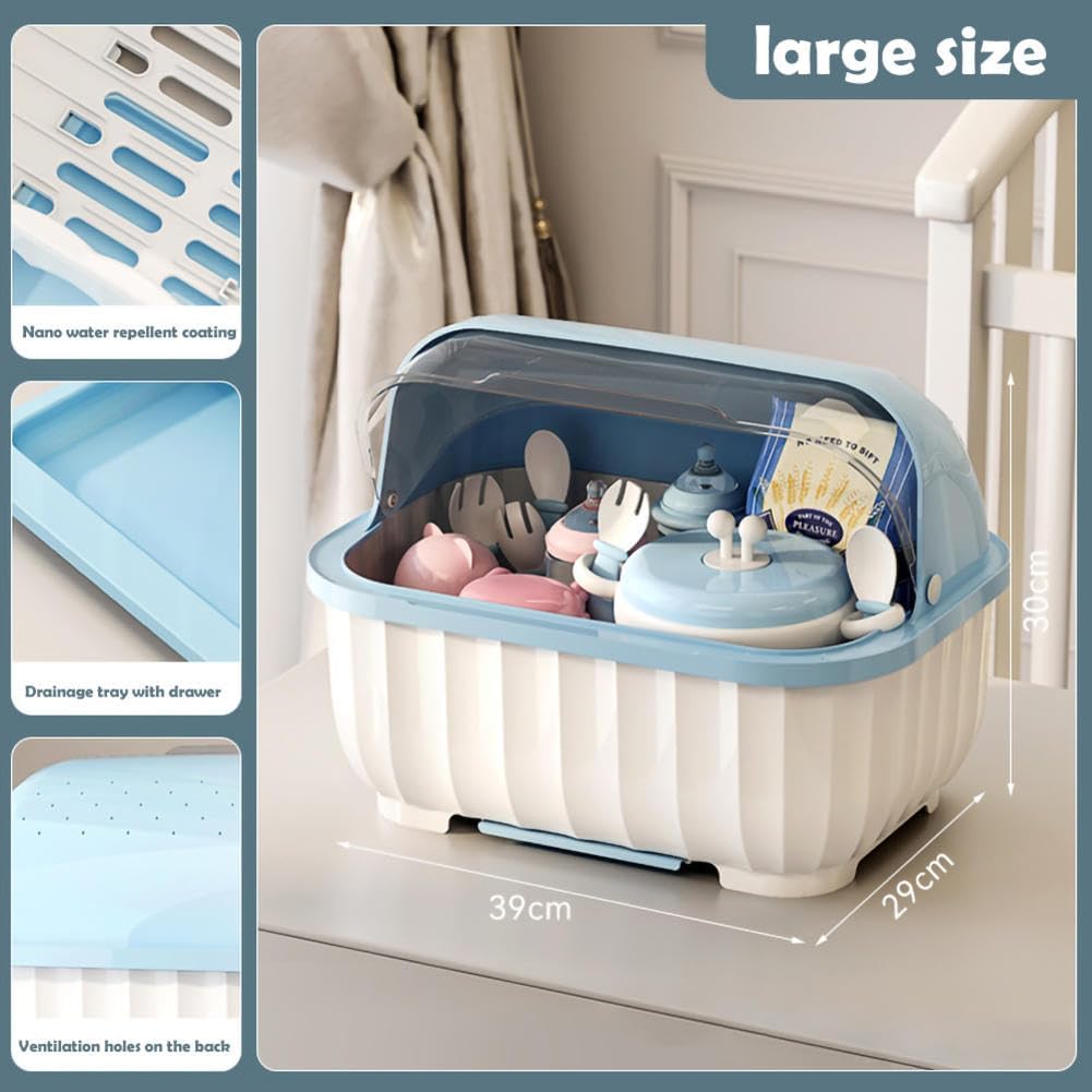 Baby Bottle Storage,Baby Bottle Drying Rack,Baby Bottle Dryer,Baby Bottle Drying Rack with Cover,Lid, Drawer Drainer Tray, Bottle Organizer, for Home, Kitchen, Travel and Outdoor (Blue)