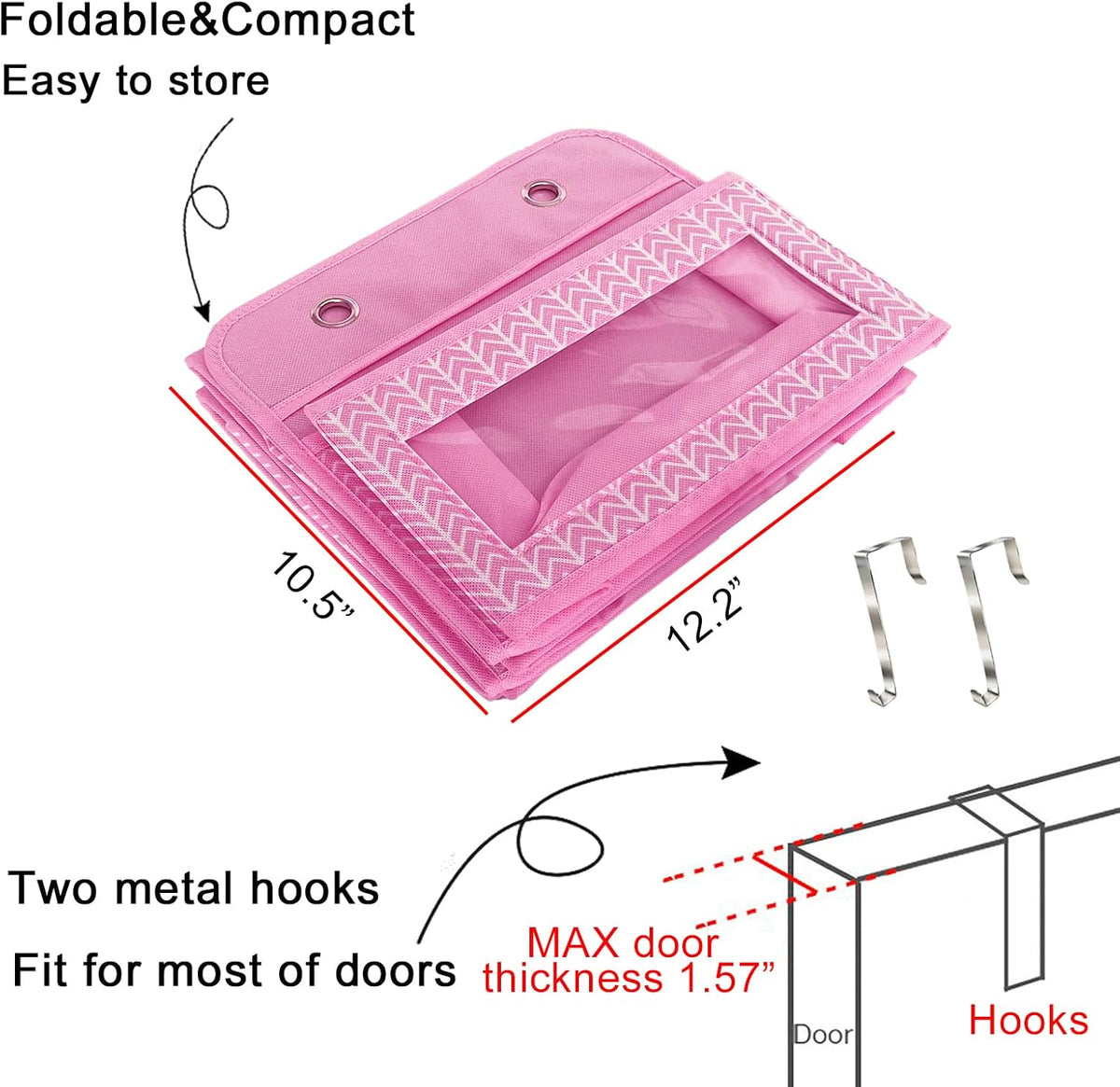 Over the Door Hanging Organizer with 5 Large Pockets - Wall Mount Pantry Storage with Clear PVC Window & 2 Big Metal Hooks for Closet,Bathroom,Nursery,Bedroom,Dorm,Baby Diapers,Kids Toys (Gray)
