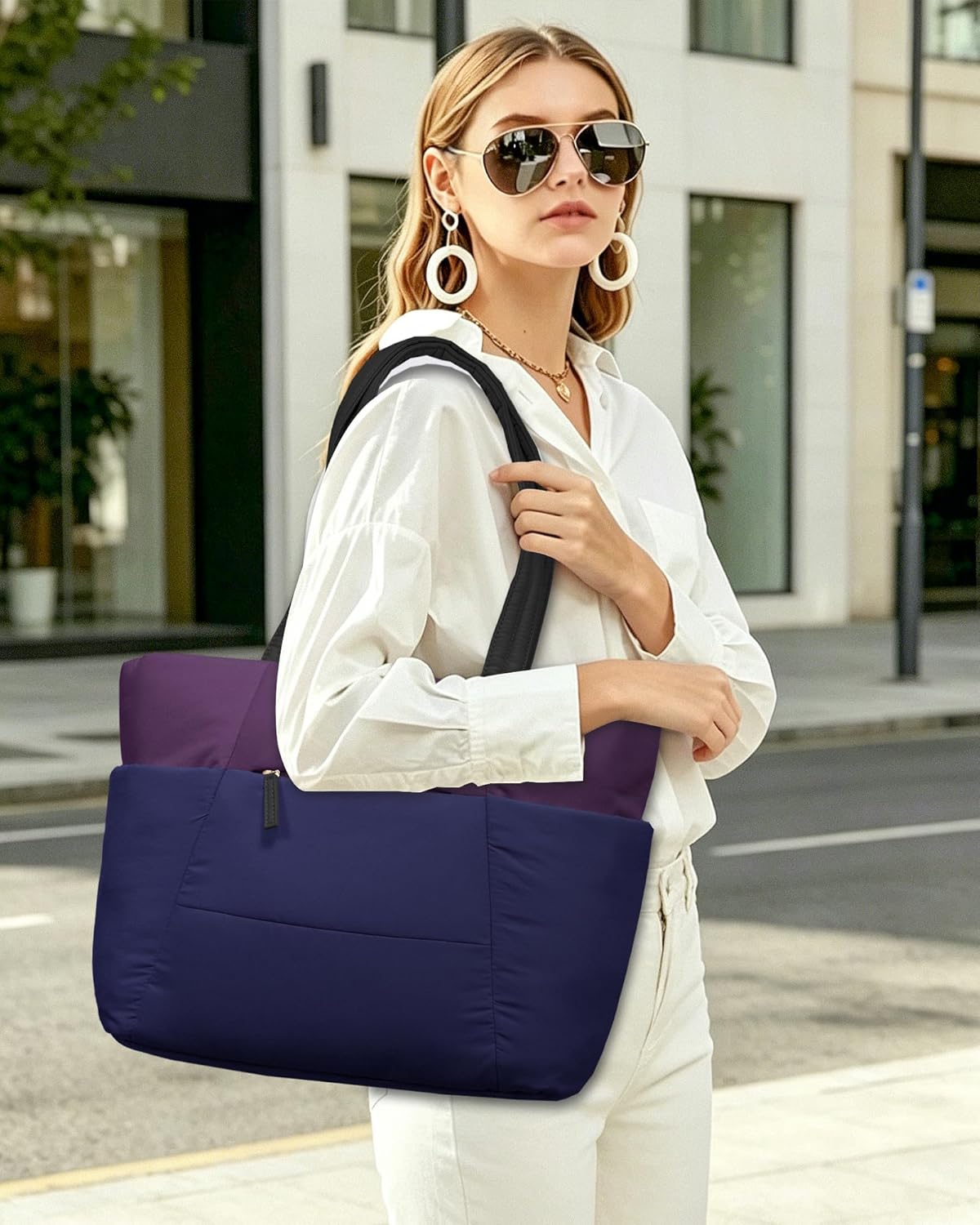 Puffer Tote Bag with 40oz Cup Holder Laptop Work Bag for Women | Lightweight Puffy Bag,Shoulder Bag for Teacher/Nurse,Includes Cosmetic Pouch,Everyday Carry & Travel Ready