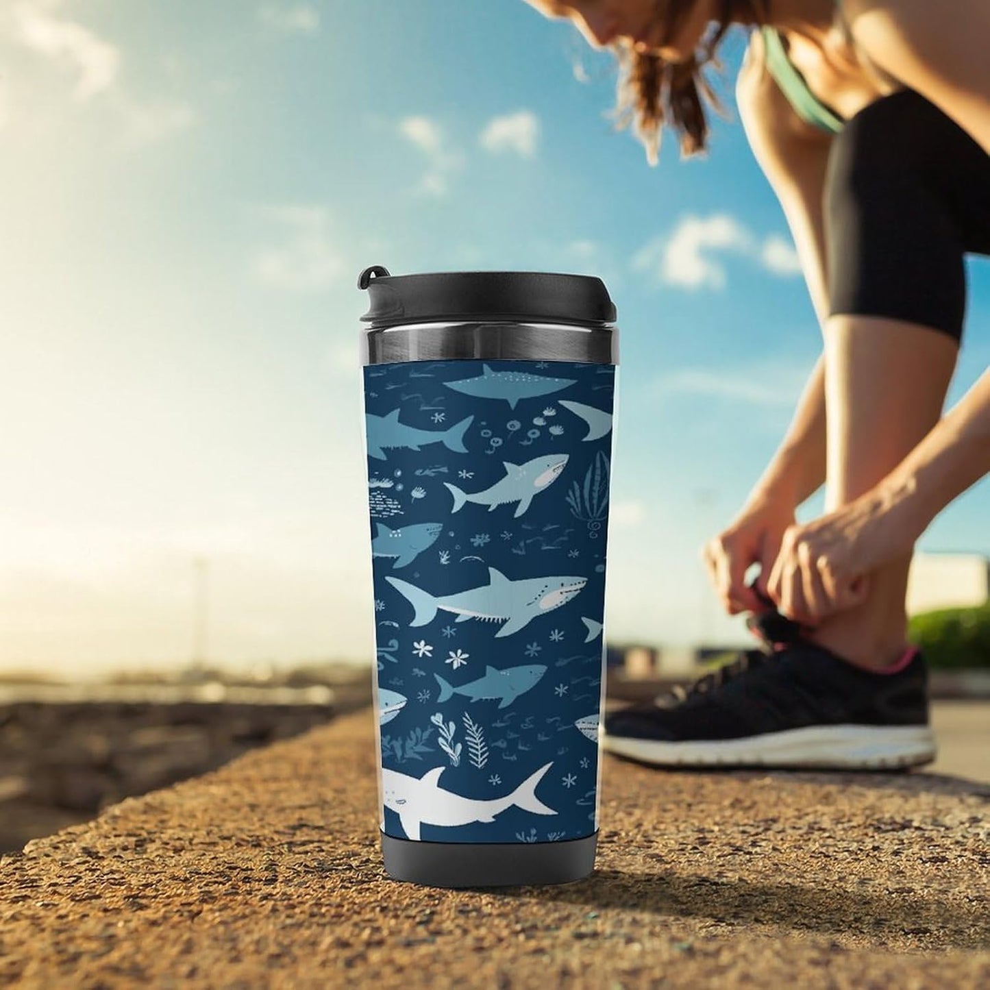 13oz Insulated Travel Coffee Mug Reusable Coffee Cup Water Bottle | Sharksm Travel Mug with Leak Proof Lid Double Wall Stainless Steel Coffee Tumbler Personalized Gift