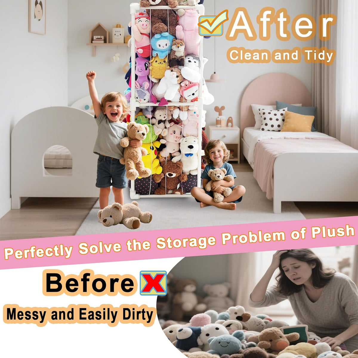 Stuffed Animal Storage Pre-Threaded Bungee Push-Lock Toolless Toy Organizer