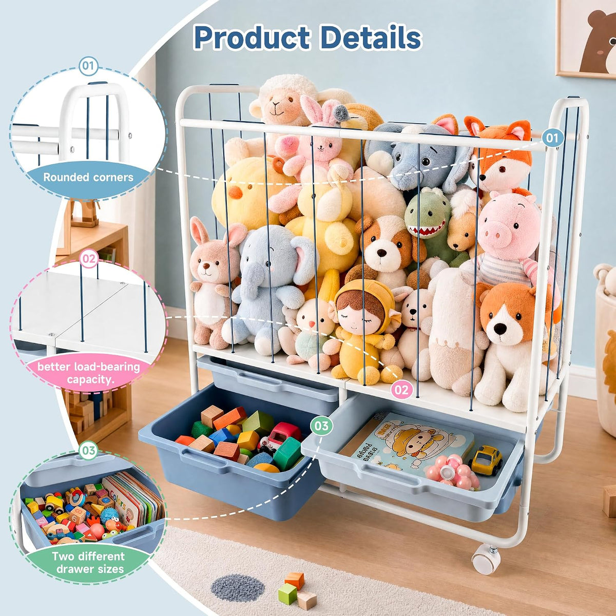 Toy Storage Organizer with 4 Drawers, Large Capacity Stuffed Animal Storage