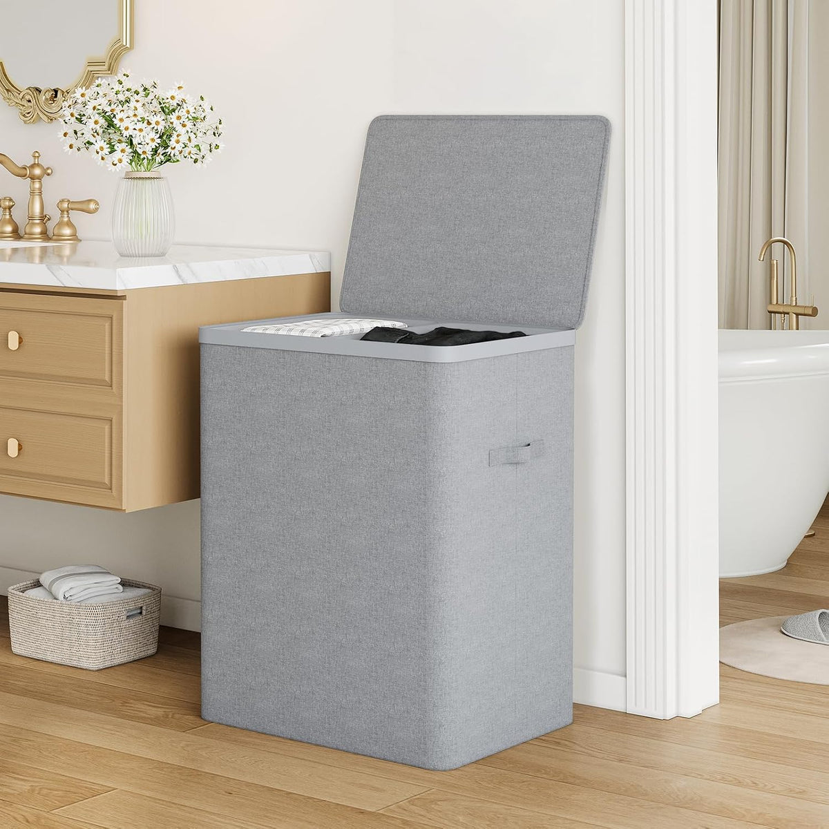 Double Laundry Hamper with Lid, 150L Large Laundry Basket 2 Compartments