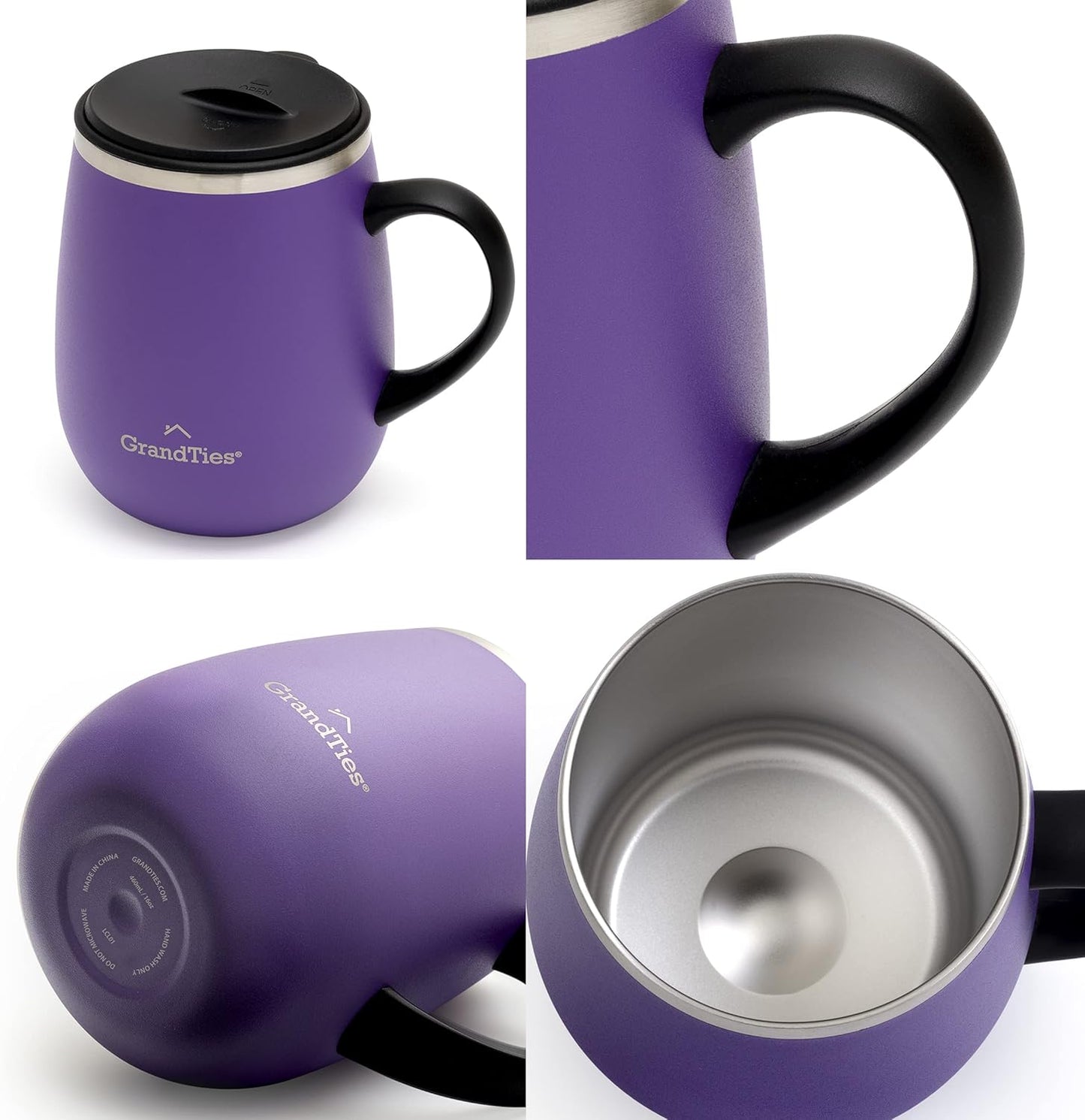 16oz Ceramic-Lined Insulated Coffee Mug with Sliding Lid, Wine-Glass Shape Thermal Tumbler with Double Walled Vacuum to Keeps Beverages Hot or Cold (Frosted Glacier)
