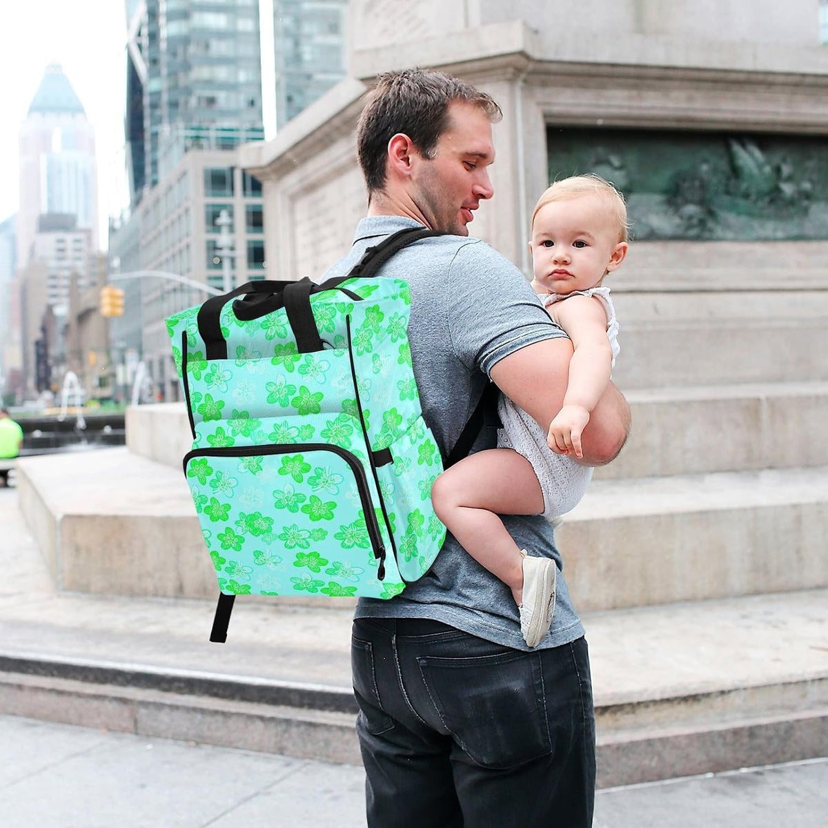 Diaper Bag Backpack, Multifunction Travel Bag for Moms Dads, Baby Changing Bag with Insulted Pockets, Stroller Straps and Side Bottle Pockets Green Floral Pattern