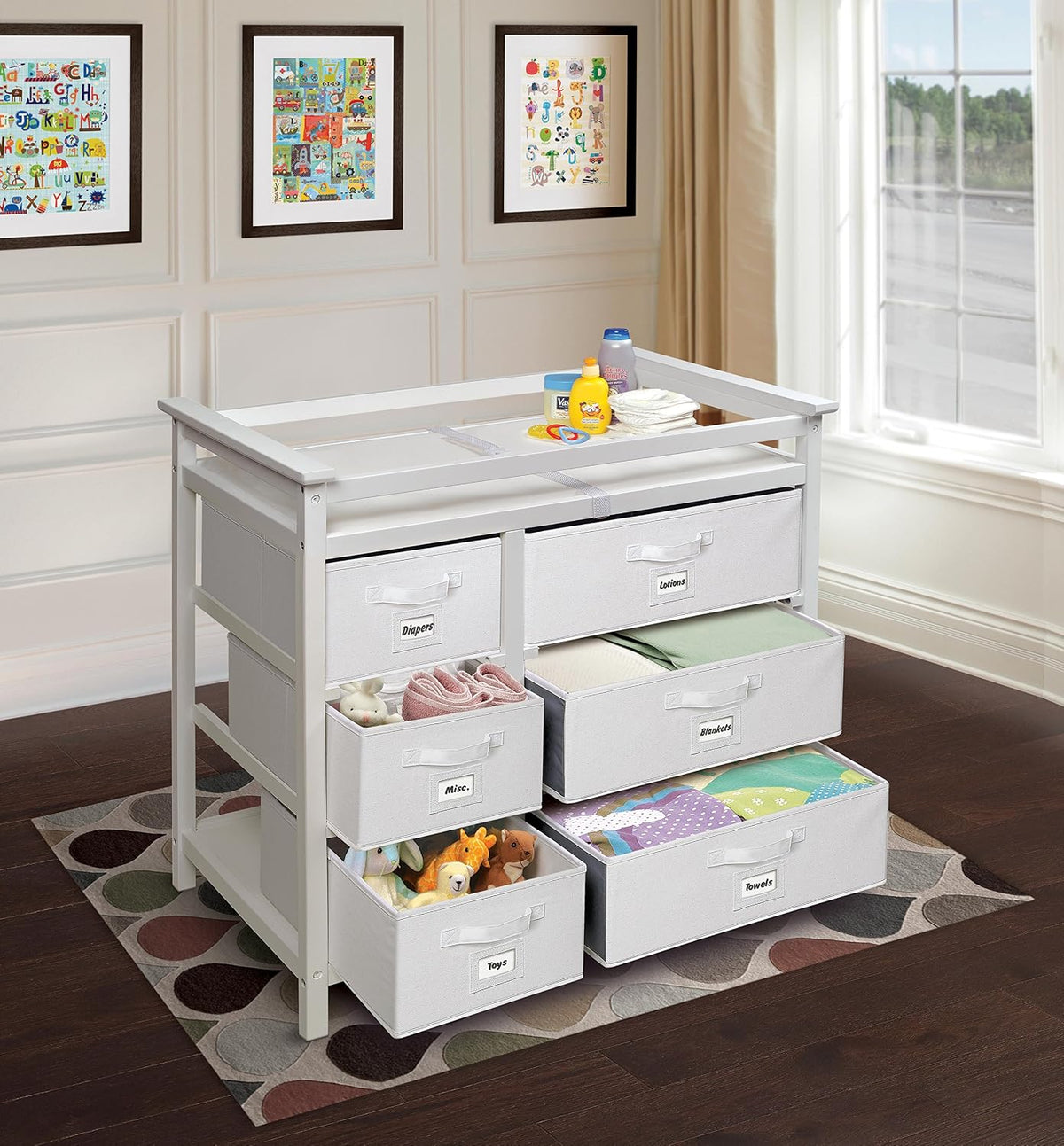Modern Baby Changing Table - Diaper Station Organizer with 6 Storage Drawers, Reversible Baskets, Safety Rails - Baby Nursery Furniture with Changing Pad and Belt - White