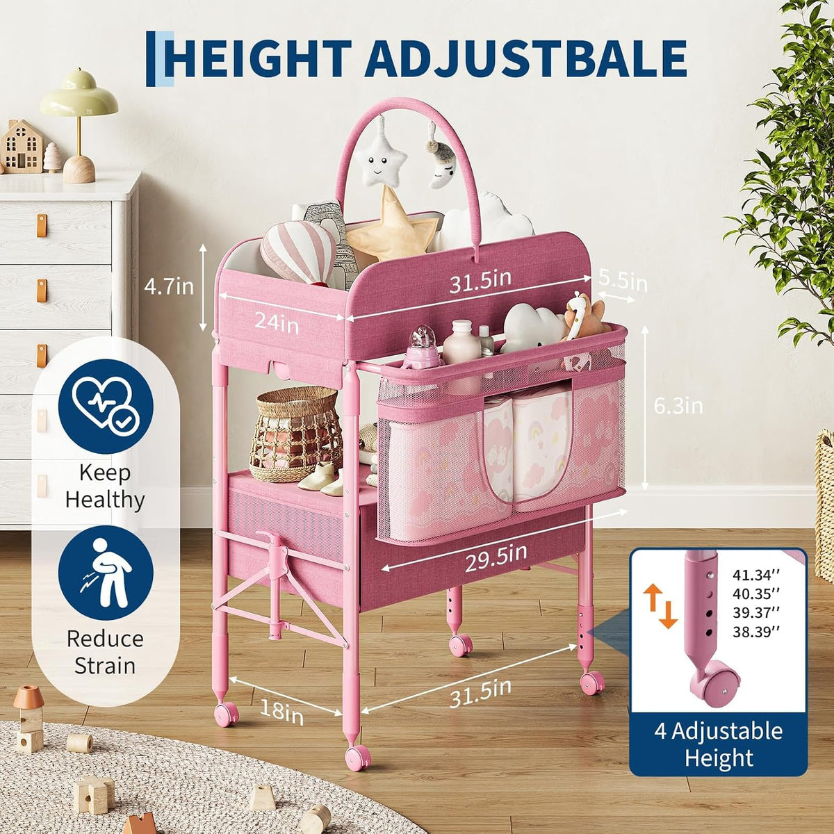 Portable Baby Changing Table with Drawers and Wheels - Collapsible Diaper Changing Station - Adjustable Height - Mobile Nursery Organizer for Newborn Infant Care - Sturdy Frame