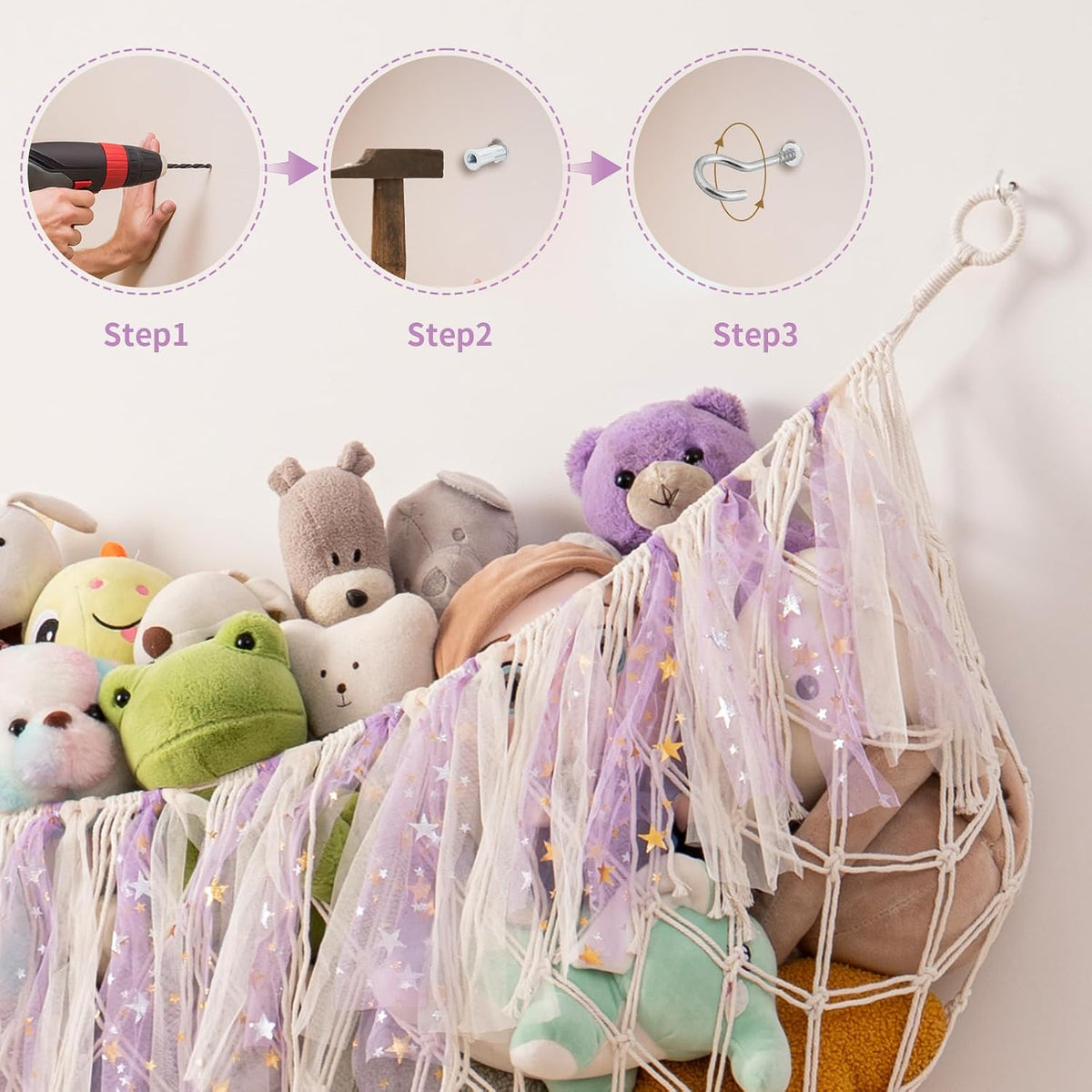 Stuffed Animal Storage Hammock, 59 Inch Wall Hanging Net, Purple