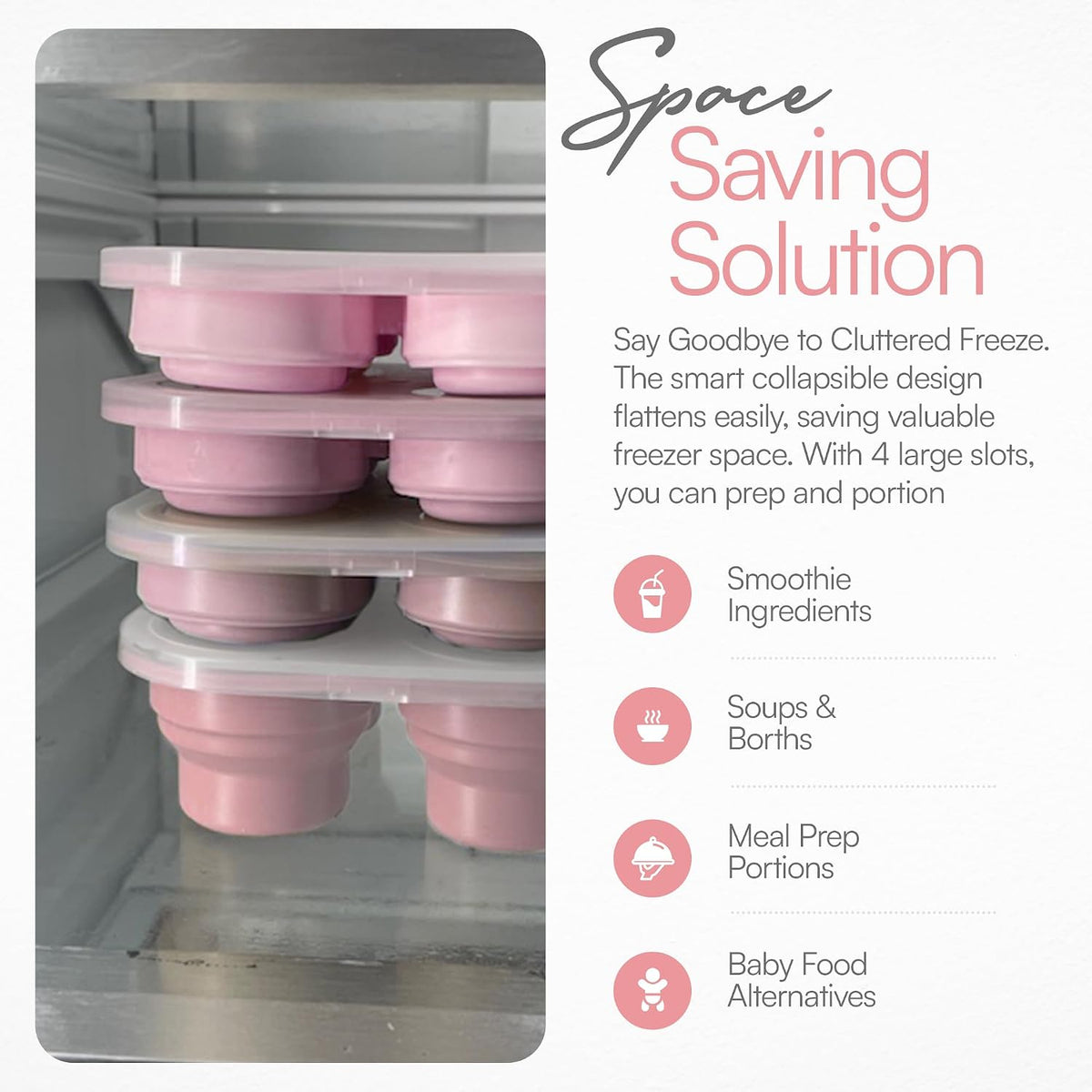 Silicone Freezer Tray with Lid - Stackable 2 oz Large Ice Cube Molds for Homemade Purees, Egg Bites, Broth Food Storage - Dishwasher Safe (Pink) - 2 Pack