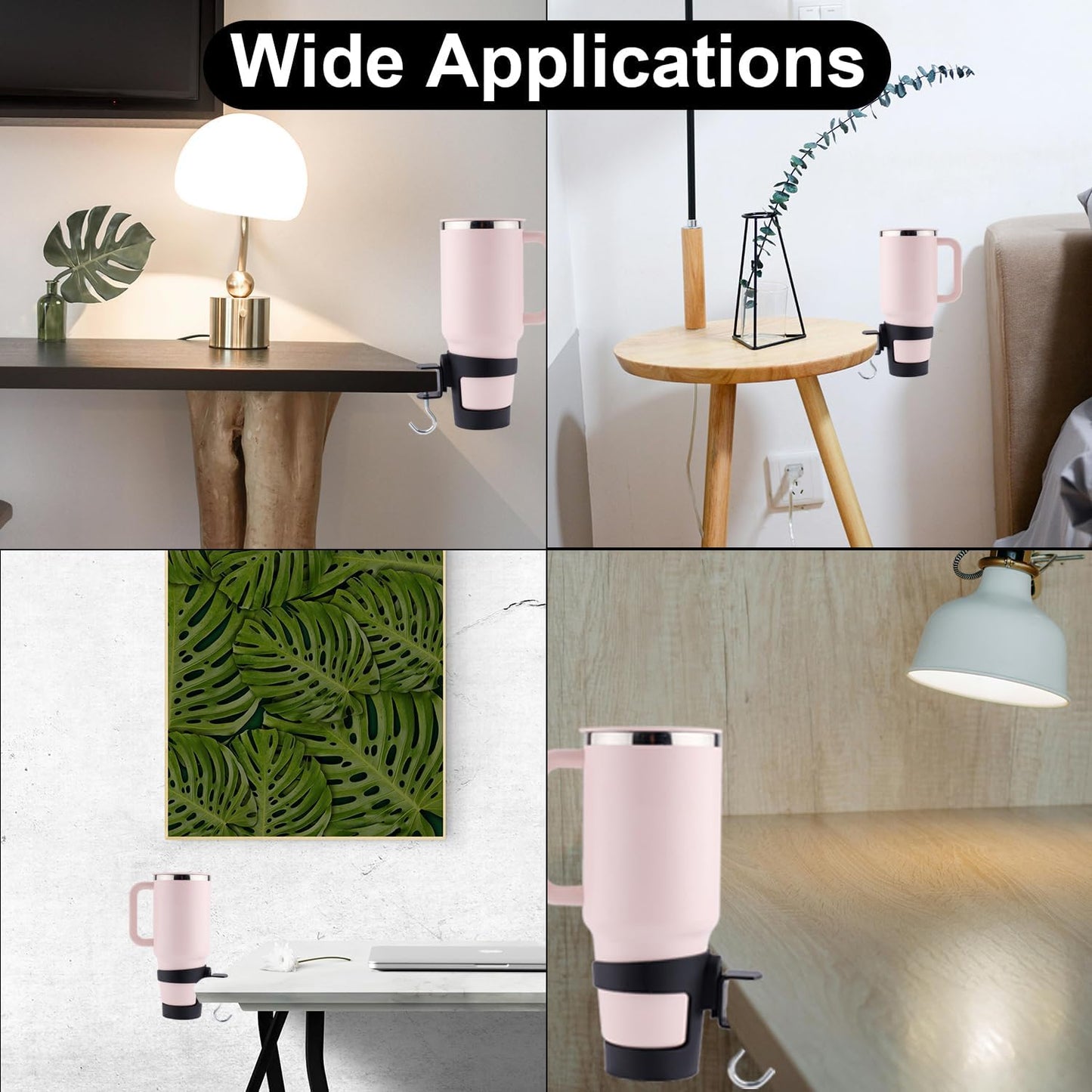 2-in-1 Desk Cup Holder, Adjustable Anti-Spill Tumbler Organizer Clamp with Hook for Owala & Stanley Water Bottles Cup Organizer for Office Gaming Desk and Table Accessories Workstation (Black)