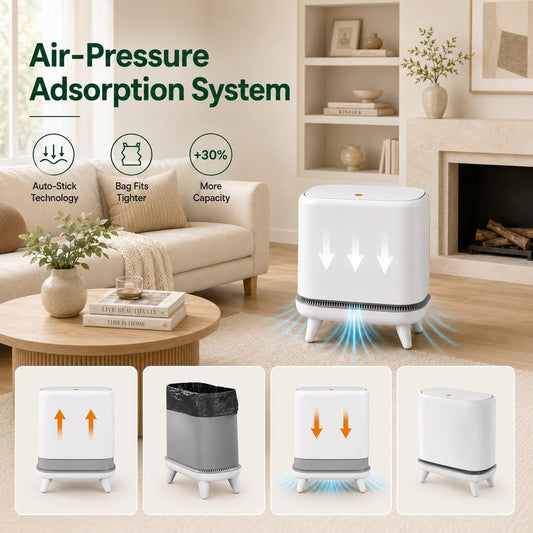 Bathroom Trash Can with Lid, 3.2 Gallon Small Garbage Can with Pop-Up Lid & Air-Pressure Bag Lock, Slim Trash Bin with Legs, Narrow Waste Basket for Bathroom, Bedroom, Kitchen, Office, Rv