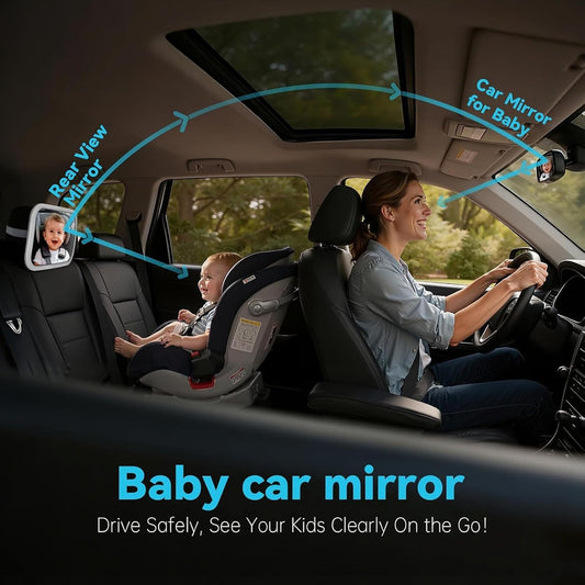 Baby Car Mirror, Wide View, Voice Control Light, Easy Install, White