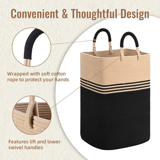 Laundry Basket Hamper,Blanket Storage,Dirty Clothes Hamper with Swivel Handles,Woven Cotton Rope Toy Baskets,Blanket Basket Living Room,Decorative Hampers for Nursery,Bedroom,White & Linen,60L