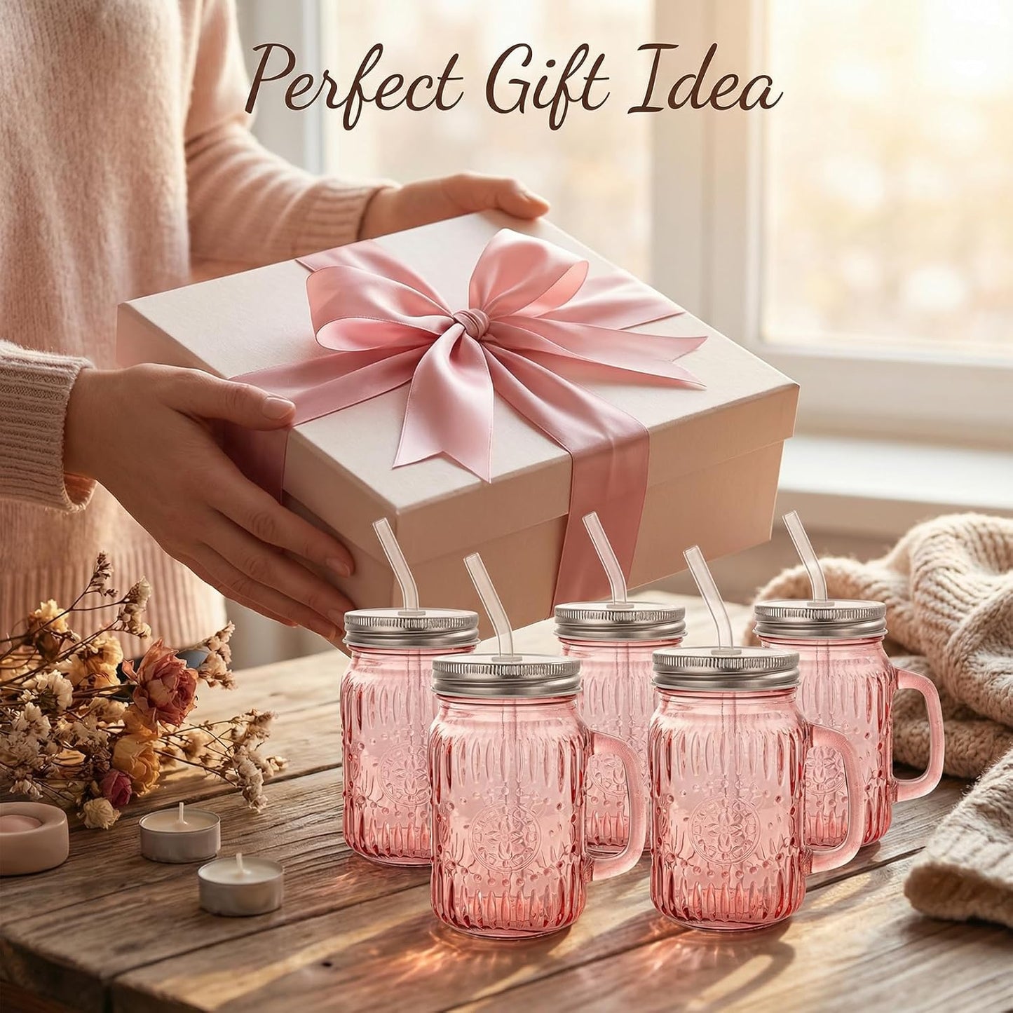 DaYammi 6 Pack 24oz Hobnail Mason Jars Cups Drinking Glass Cups with Lids & Straws, Colorful Wide Mouth Mason Jars Cups with Handle, Tumblers for Coffee Smoothies, Iced Tea, Juice, Beer, Cocktail