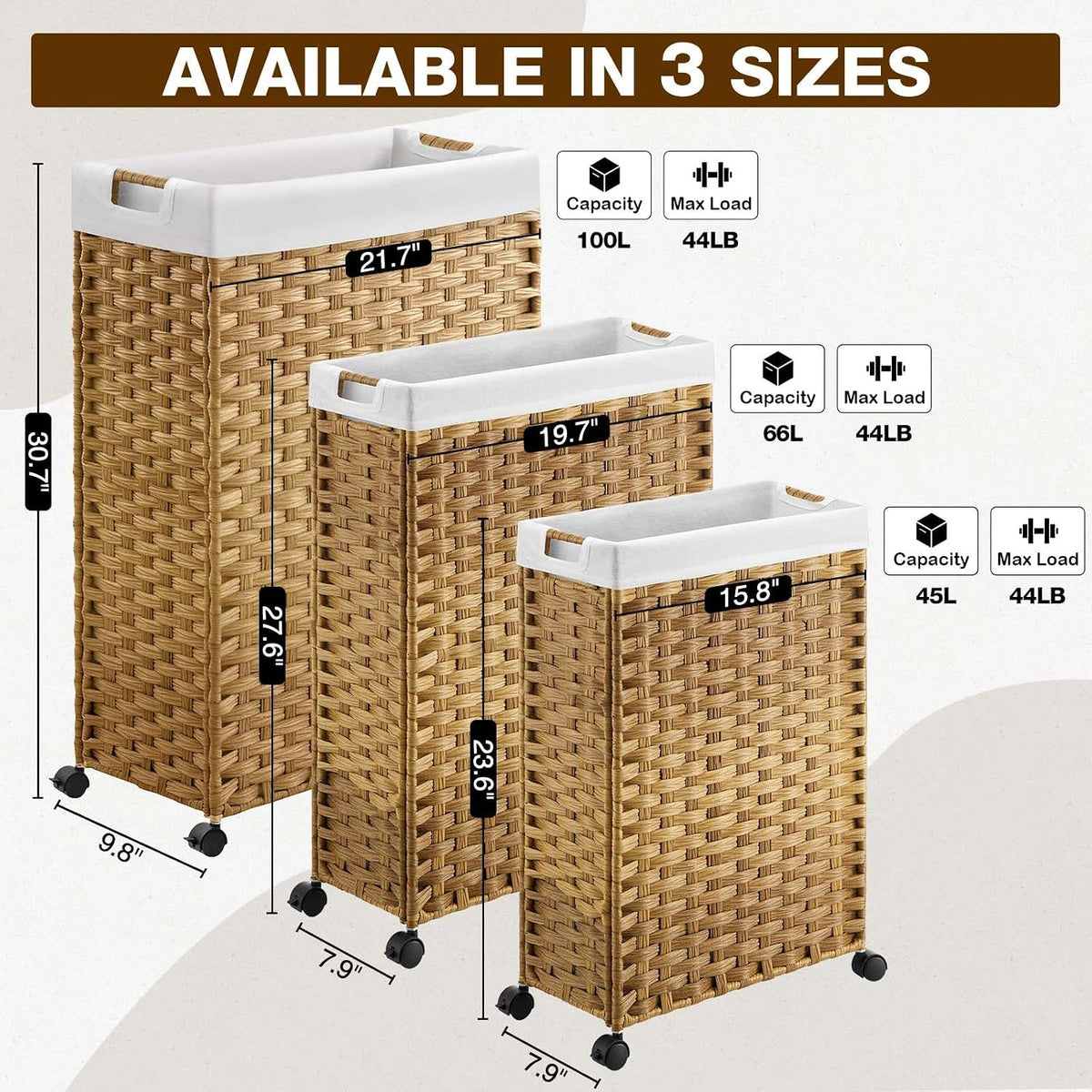 Laundry Hamper with Wheels & Handles, 26.4 Gallon (100L) Slim Laundry Basket with 2 Removable Liner Bags & 2 Mesh Bags, Foldable Narrow Clothes Hamper for Bedroom, Bathroom, Closet, Natural