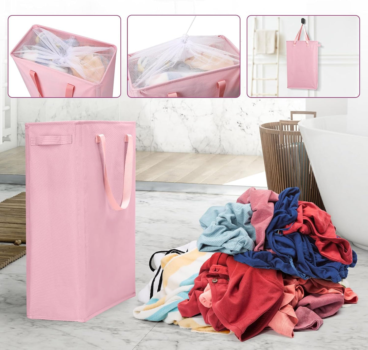 Slim Laundry Hamper Handles Collapsible Laundry Basket Thin Dirty Clothes Basket Narrow Laundry Bag Foldable Dirty Hamper 45L (Beige)