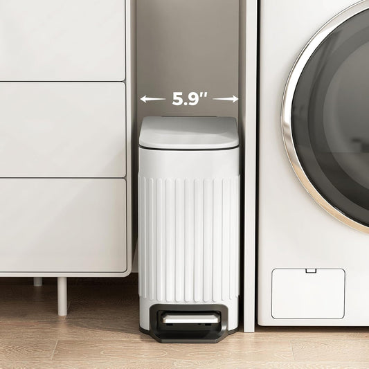 Slim Bathroom Trash Can with Lid Soft Close & Pedal, 1.6Gal, White
