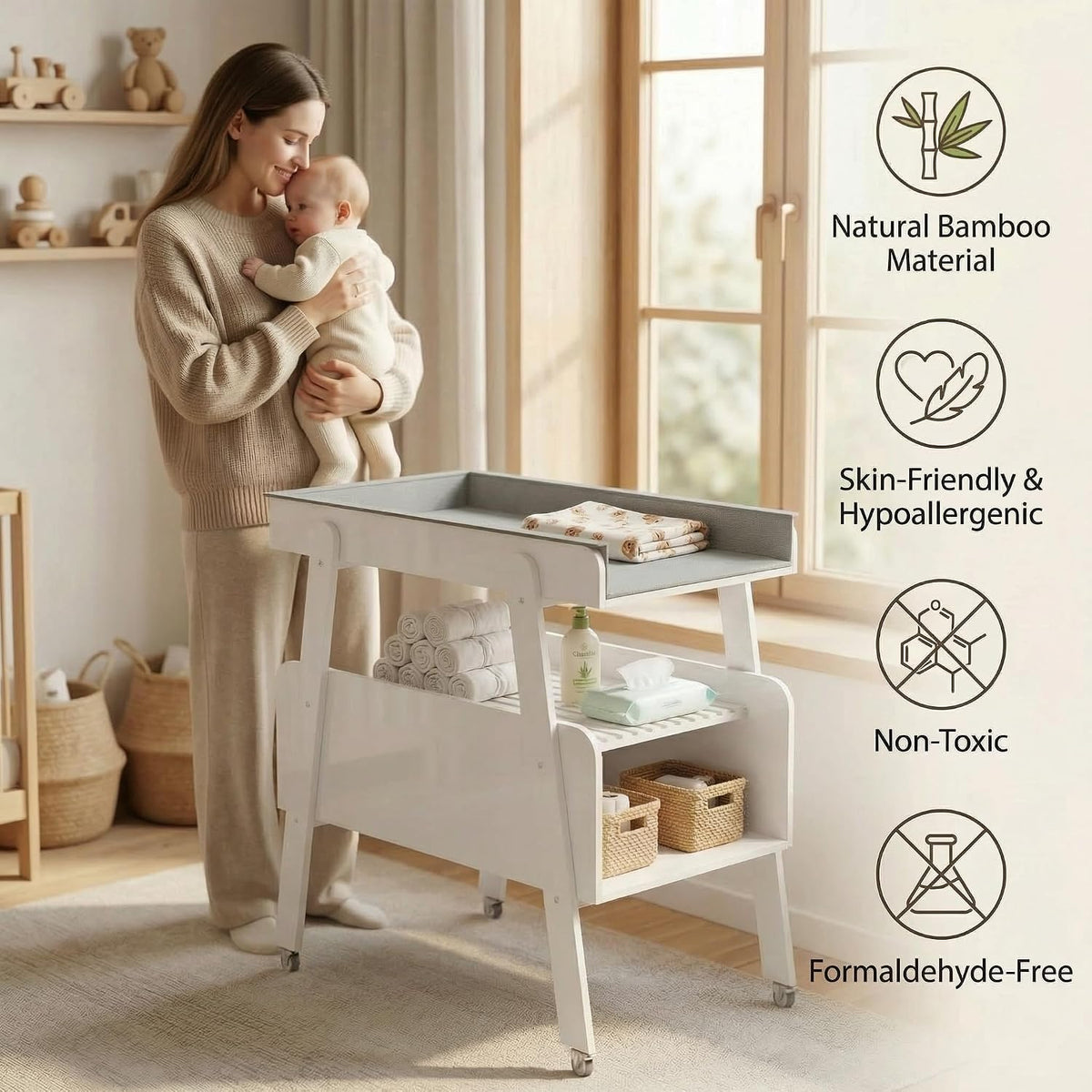 Diaper Changing Station Baby Flat Top Changing Table with Wheels and Changing Pad Nursery Organizer & Storage Rack Mobile Nursery Diaper Changing Table for Baby, Newborn (Nature)