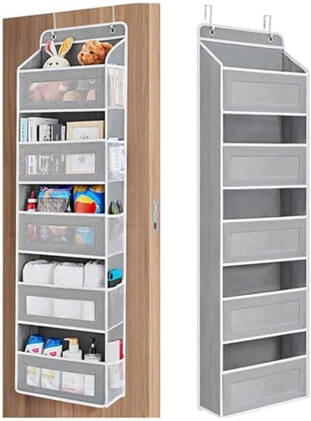 Five Tier Over The Door Organizer, Hanging Door Storage Organizer with Clear Windows & Side Pockets, Behind Door Storage for Bedroom, Bathroom, Pantry, Closet & Nursery (Black)
