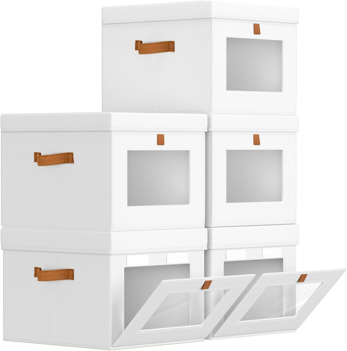 Storage Bins with Lid – Closet Organizer with Side Opening and Clear Window, Foldable Stackable Fabric Basket for Clothes Storage, Bedroom, Nursery, Office, 3 Pack, Beige