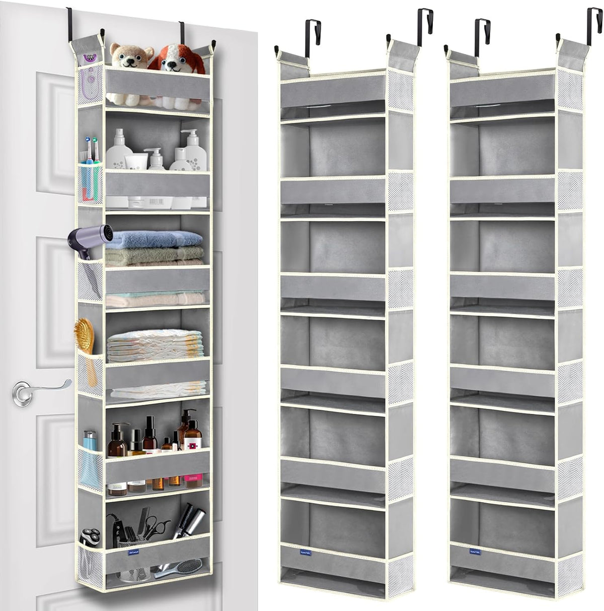 Over The Door Organizer 5-Shelves and 10 Side Pockets, Over The Door Storage for Bathroom Bedroom Nursery, Hanging Door Organizer for Baby Diapers and Kids Toys (13"x5"x44", Grey)