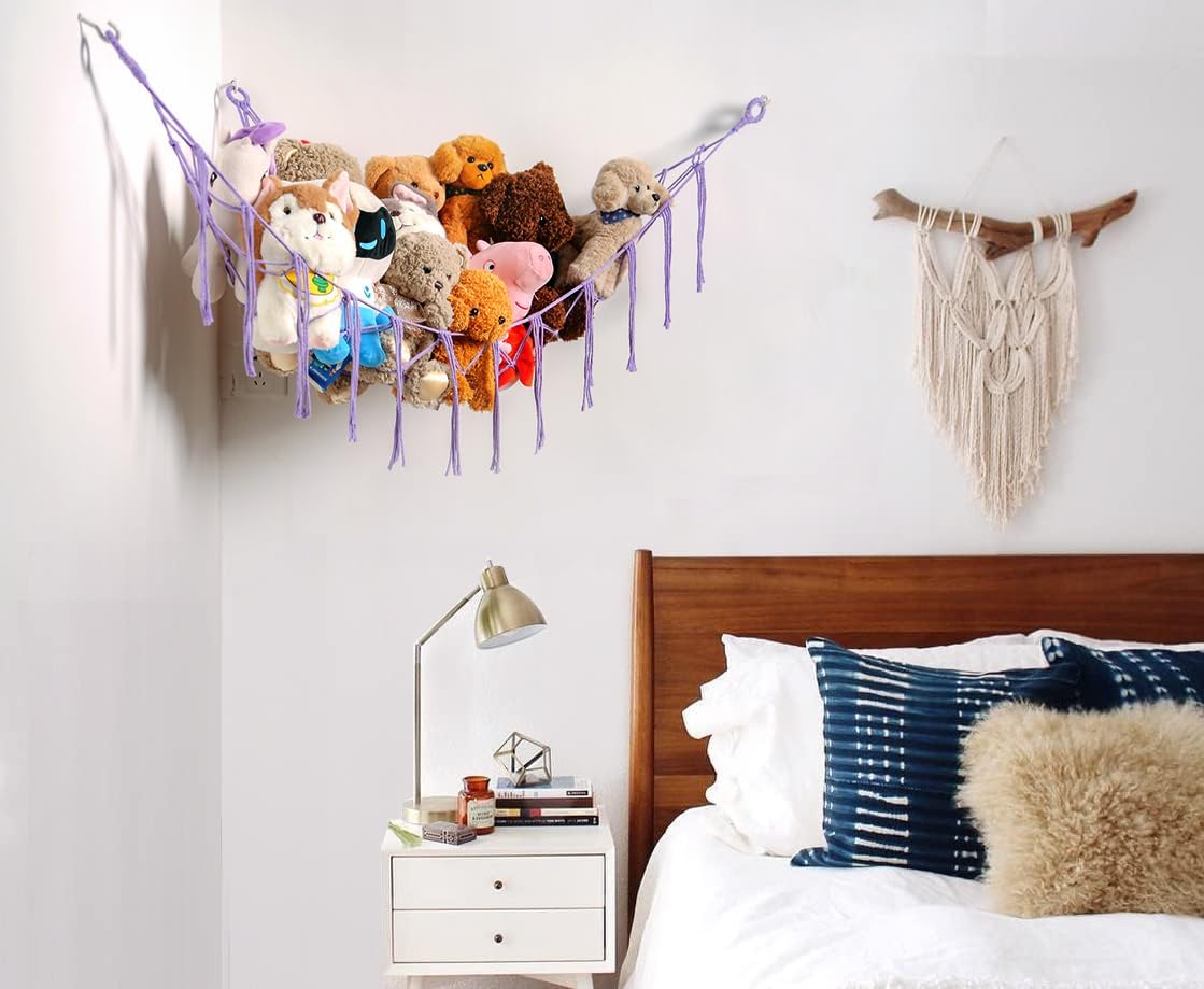 Stuffed Animals Hammock Corner Hanging Net Macrame Stuffed Animal Storage Plush Toy Holder Toy Organizer for Boho Nursery Playroom Bedroom Kids Room (cream, M)