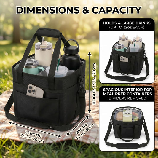 Drink Carrier Bag 4-Compartment Insulated Caddy Tote with Handle & Strap | No-tip base, splash-proof lining, holds 4 cups. Perfect for family trips & sports.