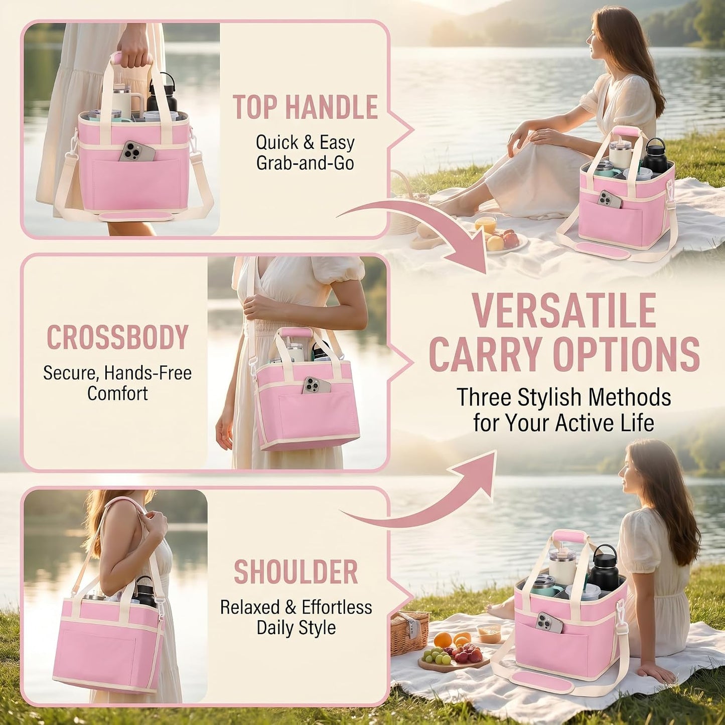 Drink Carrier Bag 4-Compartment Insulated Caddy Tote with Handle & Strap | No-tip base, splash-proof lining, holds 4 cups. Perfect for family trips & sports.