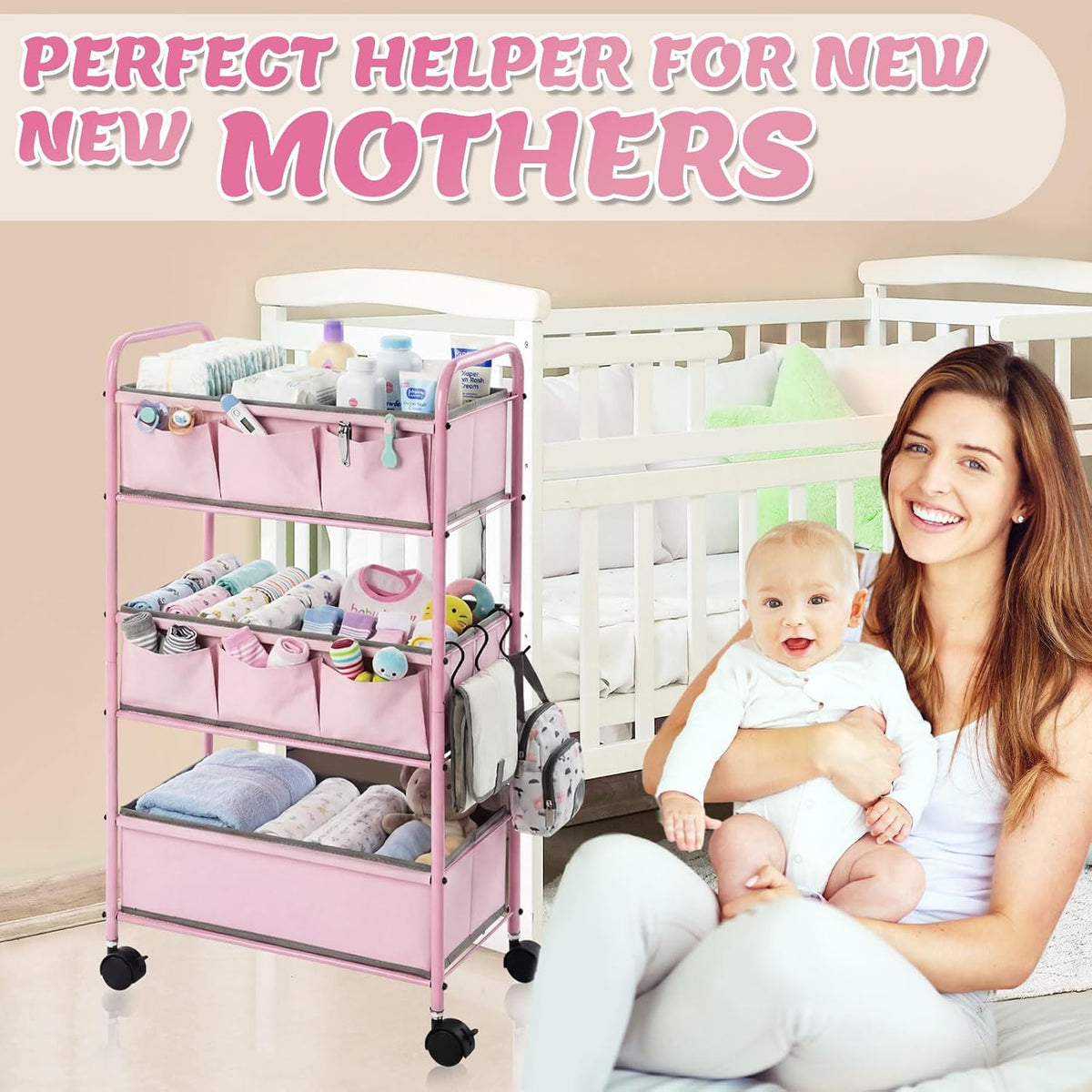 WILLBOND 3 Tier Pink Baby Diaper Caddy Organizer Cart with 4+3 Dividers Large Capacity Metal Utility Bedside Rolling Cart Newborn Registry Nursery Essential Must Have Crib Bedroom Baby Shower
