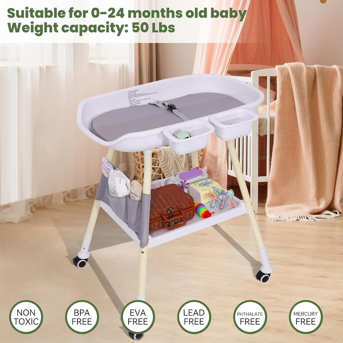 Baby Changing Table, Adjustable Height Diaper Changing Station with Baby Crib Mobile, Changing Pad, Nursery Organizer and Large Storage Rack for Infant and Newborn