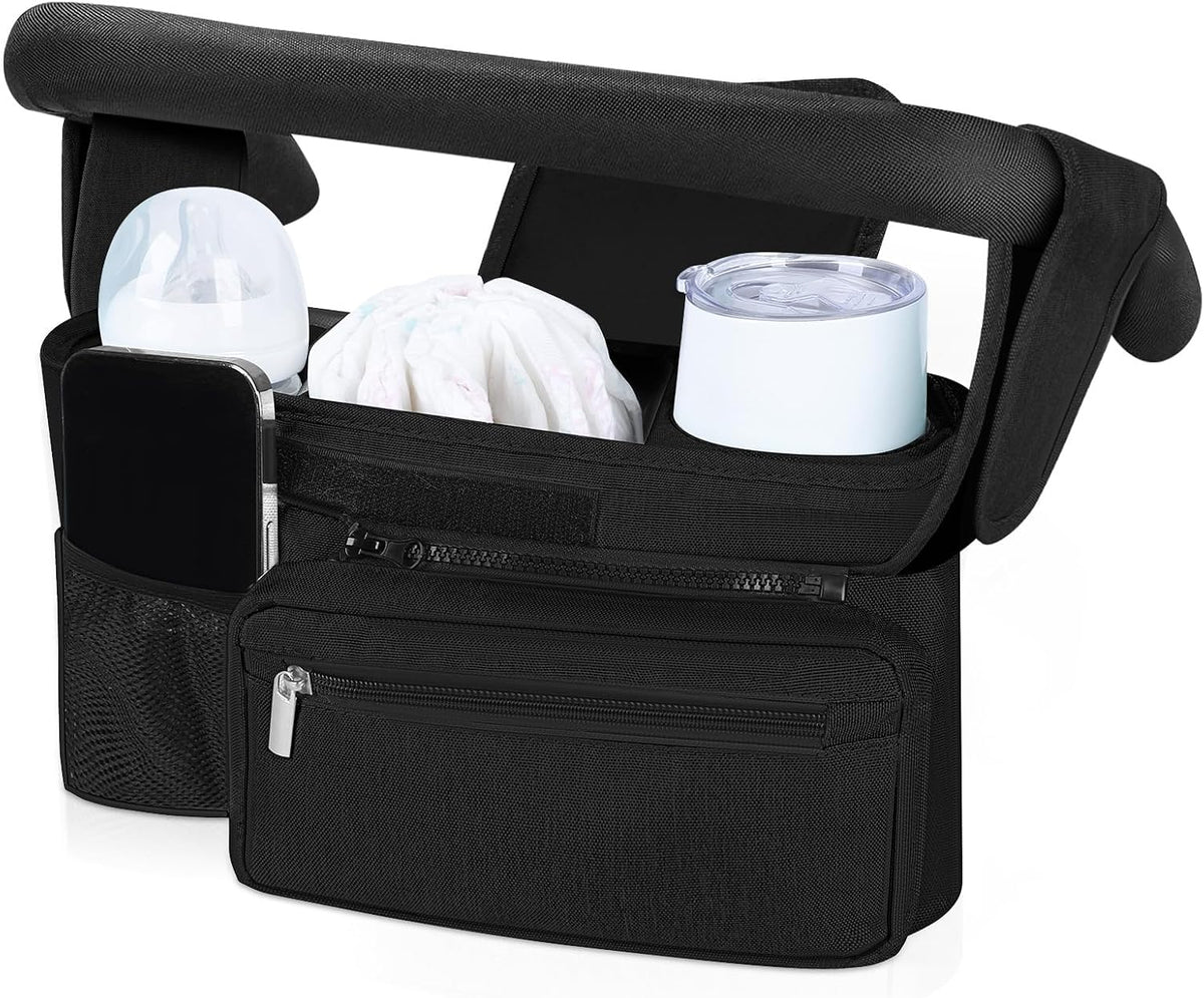Universal Stroller Organizer with Cup Holder & Phone Bag, Non-Slip Detachable Stroller Caddy for Uppababy Baby Jogger, Durable Oxford Storage for Strolls Shopping Travel