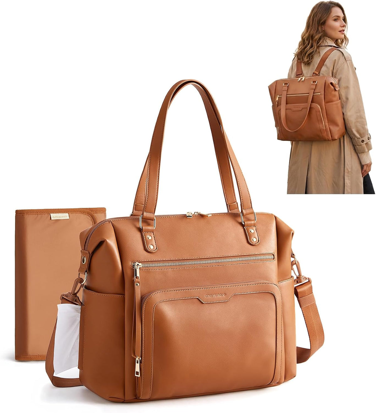 PU Leather Convertible Diaper Bag Backpack, Crossbody Bag Tote