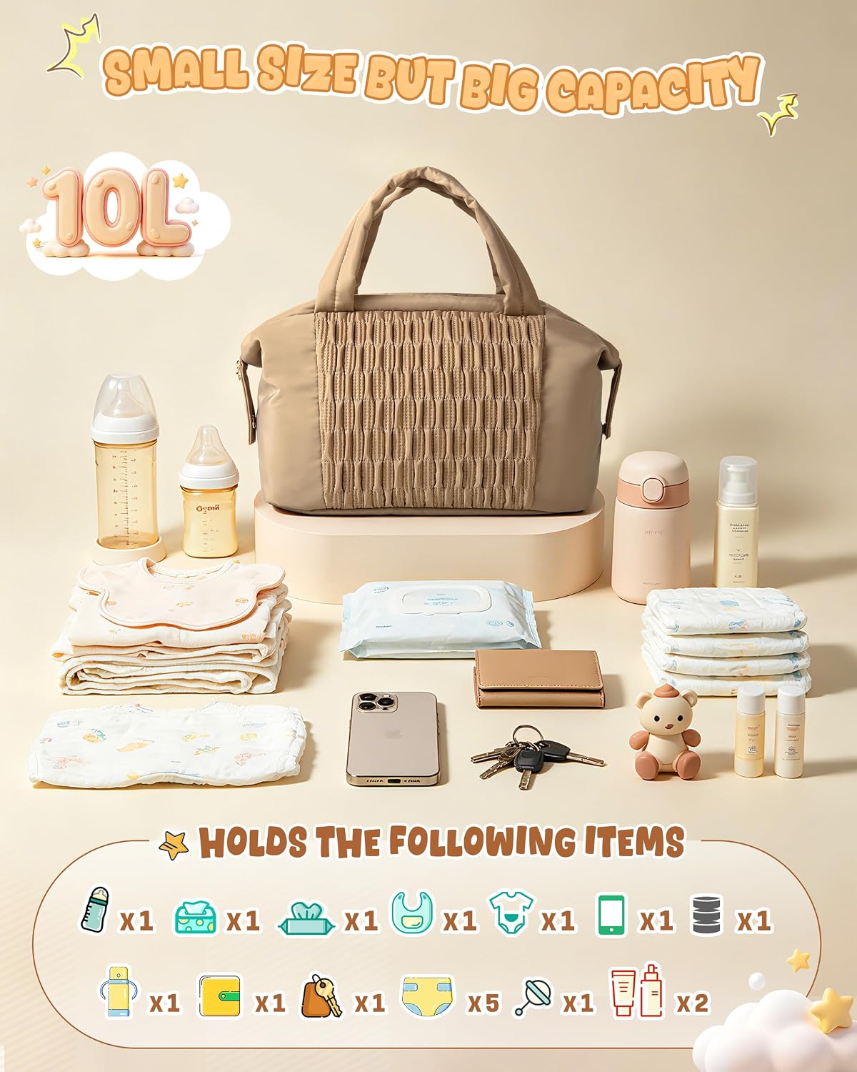 Small Crossbody Diaper Bag Tote with 2 Bottle Pockets