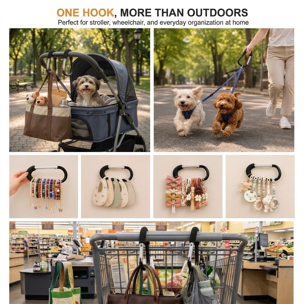 6.5-Inch Stroller Hooks for Bags, Large Aluminum Clips, 2-Pack