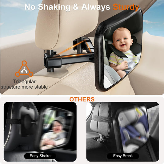 Baby Car Mirror, Rear Facing Car Seat Mirror for Infant Newborn with Hook Clip Design, Non-Shaking Wide Crystal View Shatterproof Crash Tested Adjustable