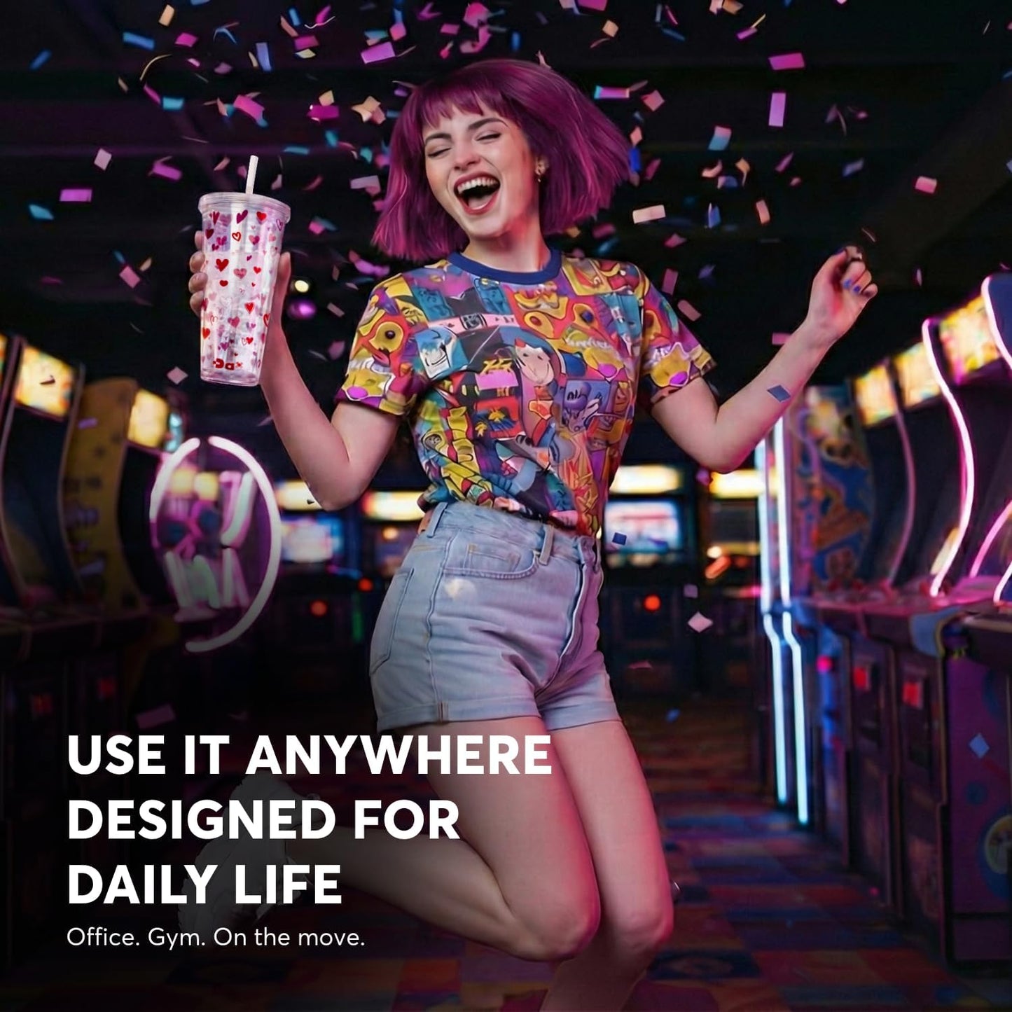 DA Plastic Tumbler With Lid And Straw, Double Wall Design, Leak Resistant Reusable BPA Free Travel Cup For Iced Coffee And Smoothies, 24oz (Pastel Purple Flowers)