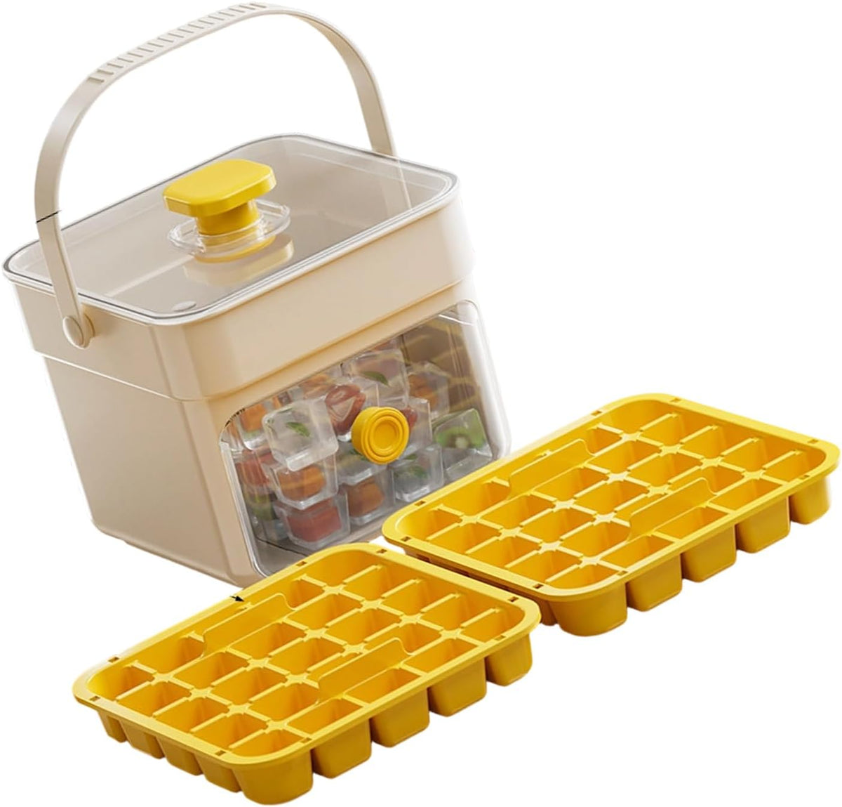 Button Ice Cube Tray with Lid and Bin, Easy Press Release Ice Cube Maker Mold Container with Handle and Scoop Compatible with Whiskey Cocktail Coffee Beverage Home Kitchen Party