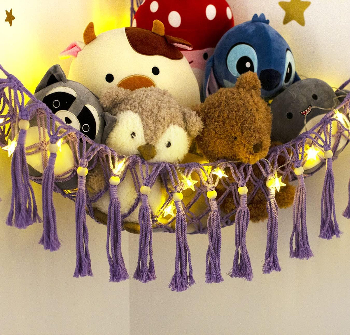 Stuffed Animal Toy Storage Hammock with LED Light - Macrame Jumbo Doll Corner Stuff Animals Organizer Decorations - Cute Hanging Plushie Net Kids Baby Nursery Bedroom Room Decor